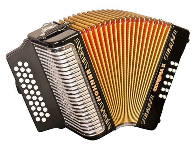 ACORDEON DIATONICO HOHNER ''CORONA II'' FA-SI-MI, 31 BOTONES Y 12 BAJOS, NEGRO, CON FUNDA