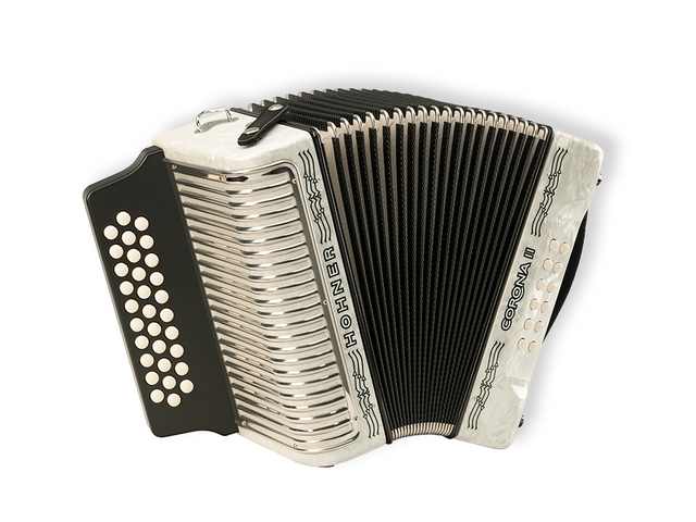 ACORDEON DIATONICO HOHNER ''CORONA II'' FA-SI-MI, 31 BOTONES Y 12 BAJOS, BLANCO, CON FUNDA