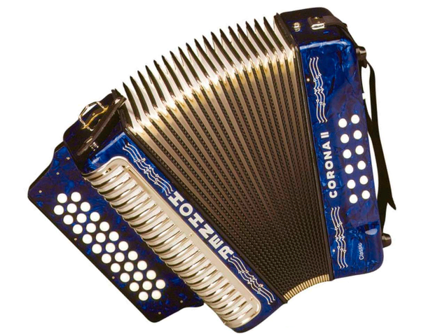 ACORDEON DIATONICO HOHNER ''CORONA II'' FA-SI-MI, 31 BOTONES Y 12 BAJOS, AZUL, CON FUNDA