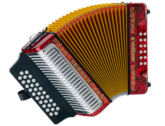 ACORDEON DIATONICO HOHNER ''CORONA II'' FA-SI-MI, 31 BOTONES Y 12 BAJOS, ROJO, CON FUNDA