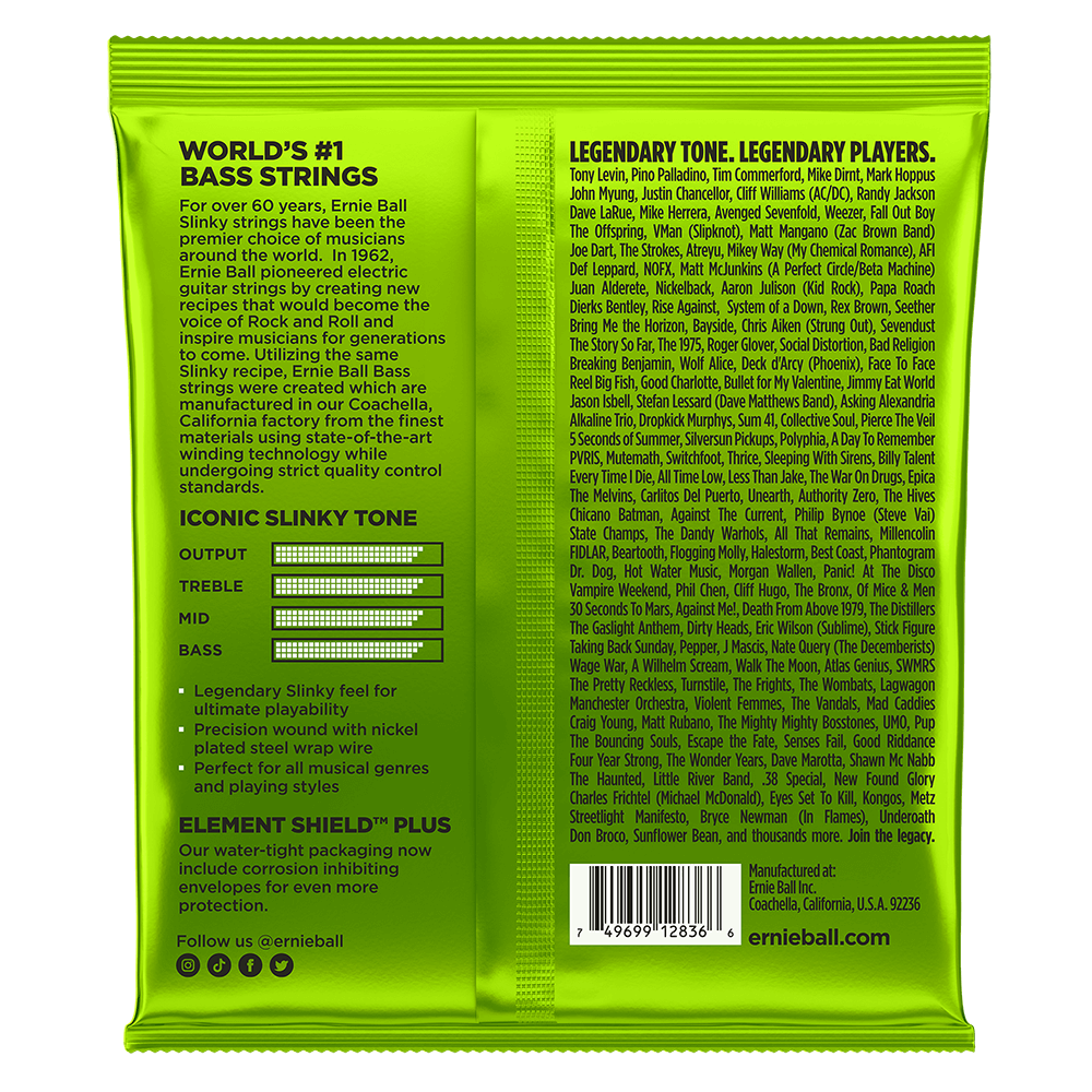 ENCORDADURA ERNIE-BALL bajo eléctrico de 5 cuerdas Slinky Nickel Wound regulares calibre 45-130. 2836