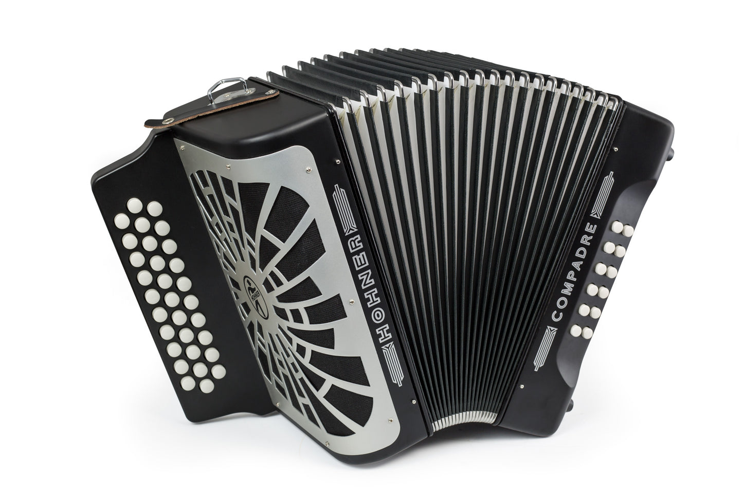 ACORDEON DIATONICO HOHNER''COMPADRE''FA-SIB-MIB, 31 BOTONES Y 12 BAJOS, NEGRO CON FUNDA